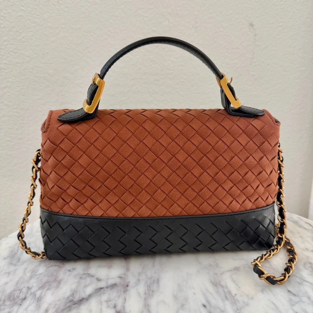 Brown Black Two-Tone Woven Leather Top Handle Crossbody Chain Strap Bag - Picture 6 of 14